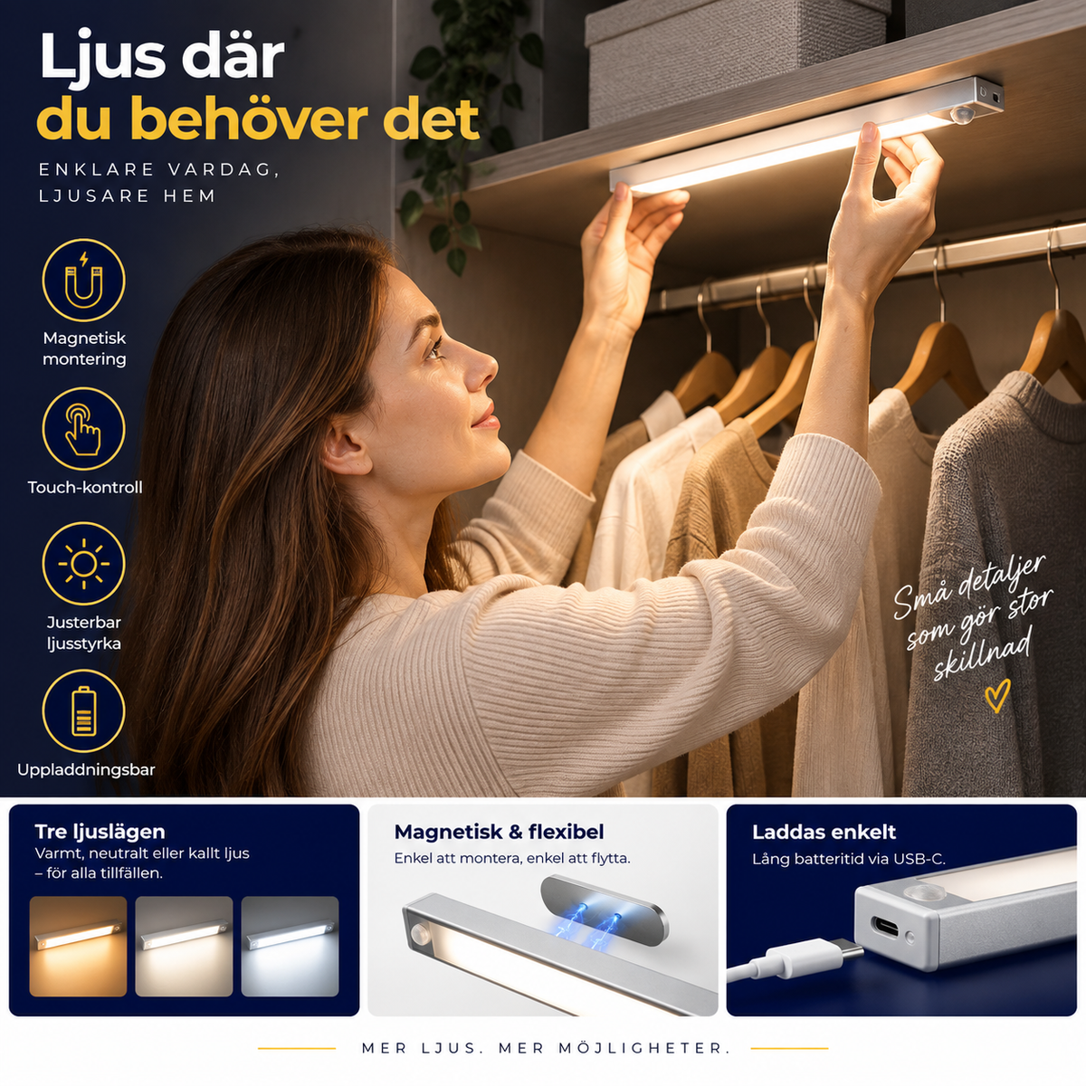Smart Sensorlampa – Magnetisk & Laddningsbar LED