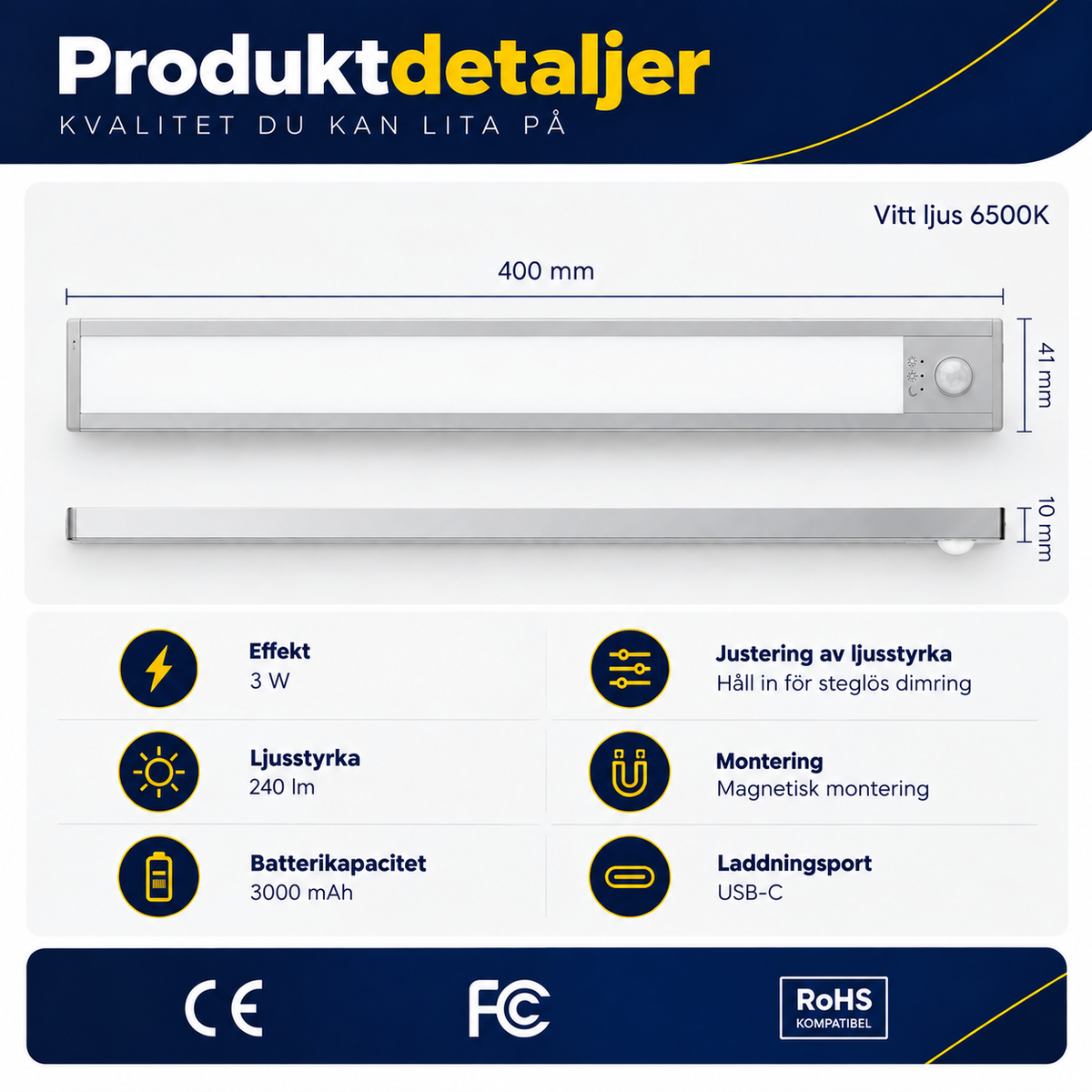 Smart Sensorlampa – Magnetisk & Laddningsbar LED